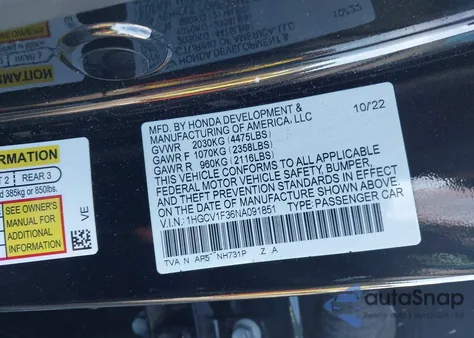 2022 Honda Accord Sport from USA, damaged, VIN 1HGCV1F36NA091851